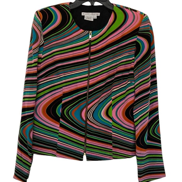 Maggy London 100% Silk Jacket, swirl  pattern, pink/green/black, zip front, 6 - Picture 1 of 6